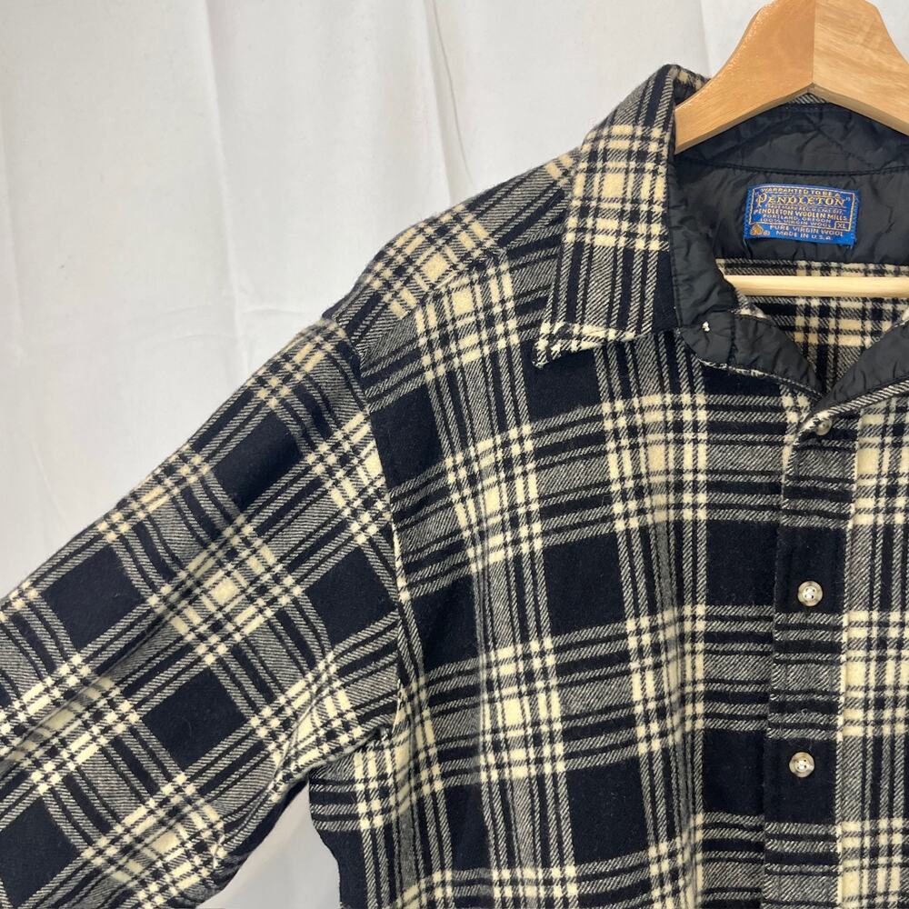 PENDLETON VTG Plaid Wool Work Shirt Long Sleeve Button Up Utility Black Cream XL - Picture 5 of 9